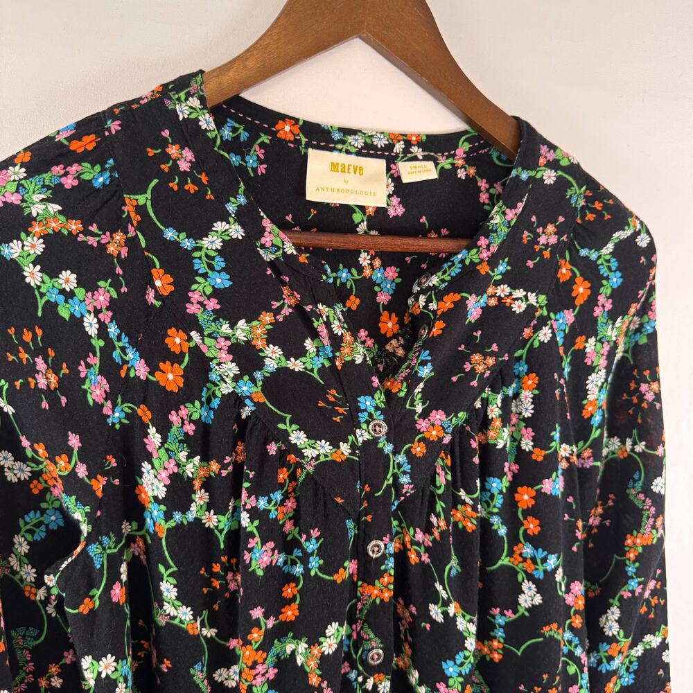 Maeve by Anthropologie Womens S Avignon Button Down Blouse Black Floral Feminine